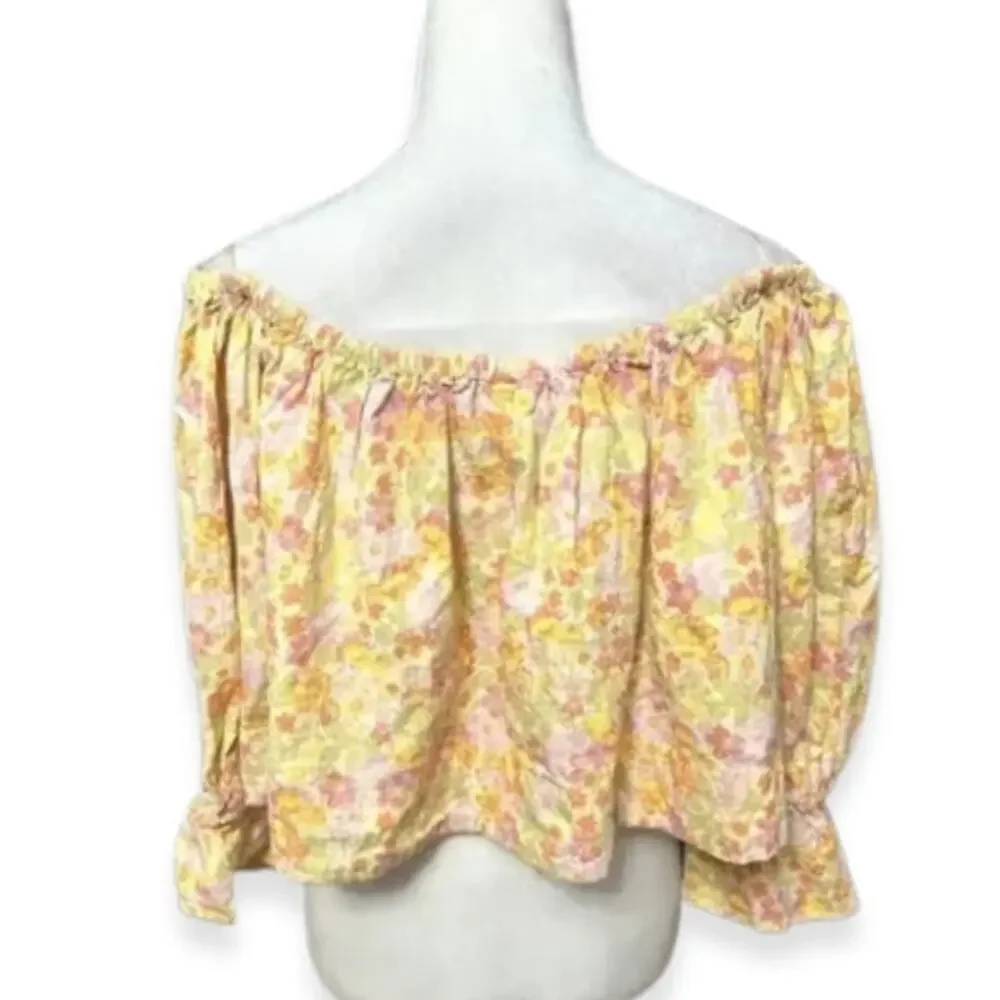 Free People Smocked Crop Top Off Shoulder Floral Button Front Multicolor W S NWT